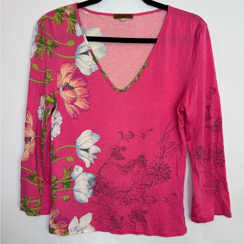 Kenzo Jungle vintage 2000s Floral V-Neck Long Sleeve Top size XL embroidered